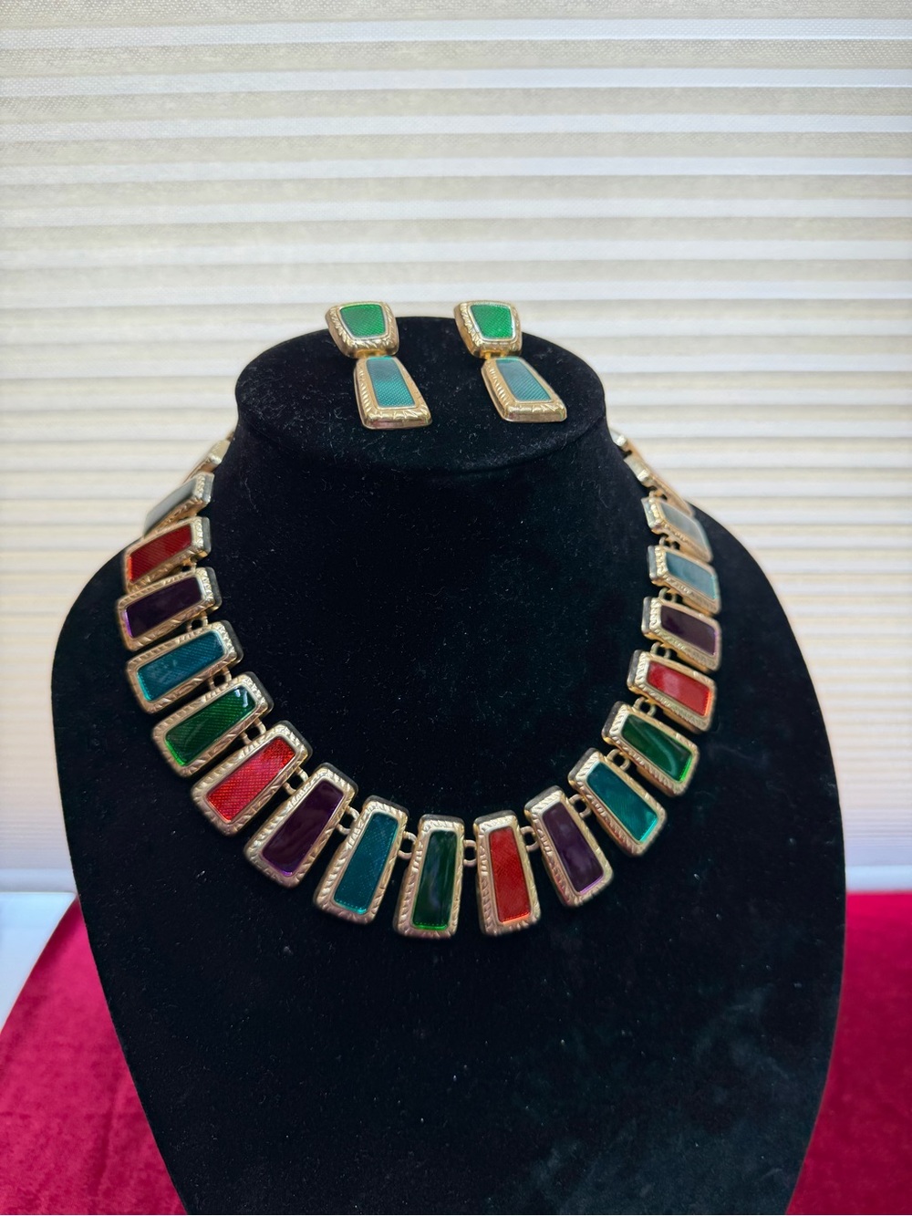 Vintage Gold-Tone Multicolor Enamel Link Necklace And Earrings Set - Picture 2 of 9